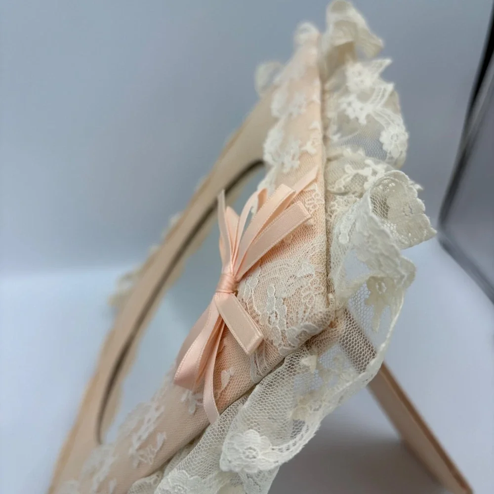 Vintage 80s Shabby Chic Peach Moire Silk Lace Ruffle Tabletop Frame Mirror
